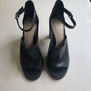 Vince Camuto, black-leather block high heels